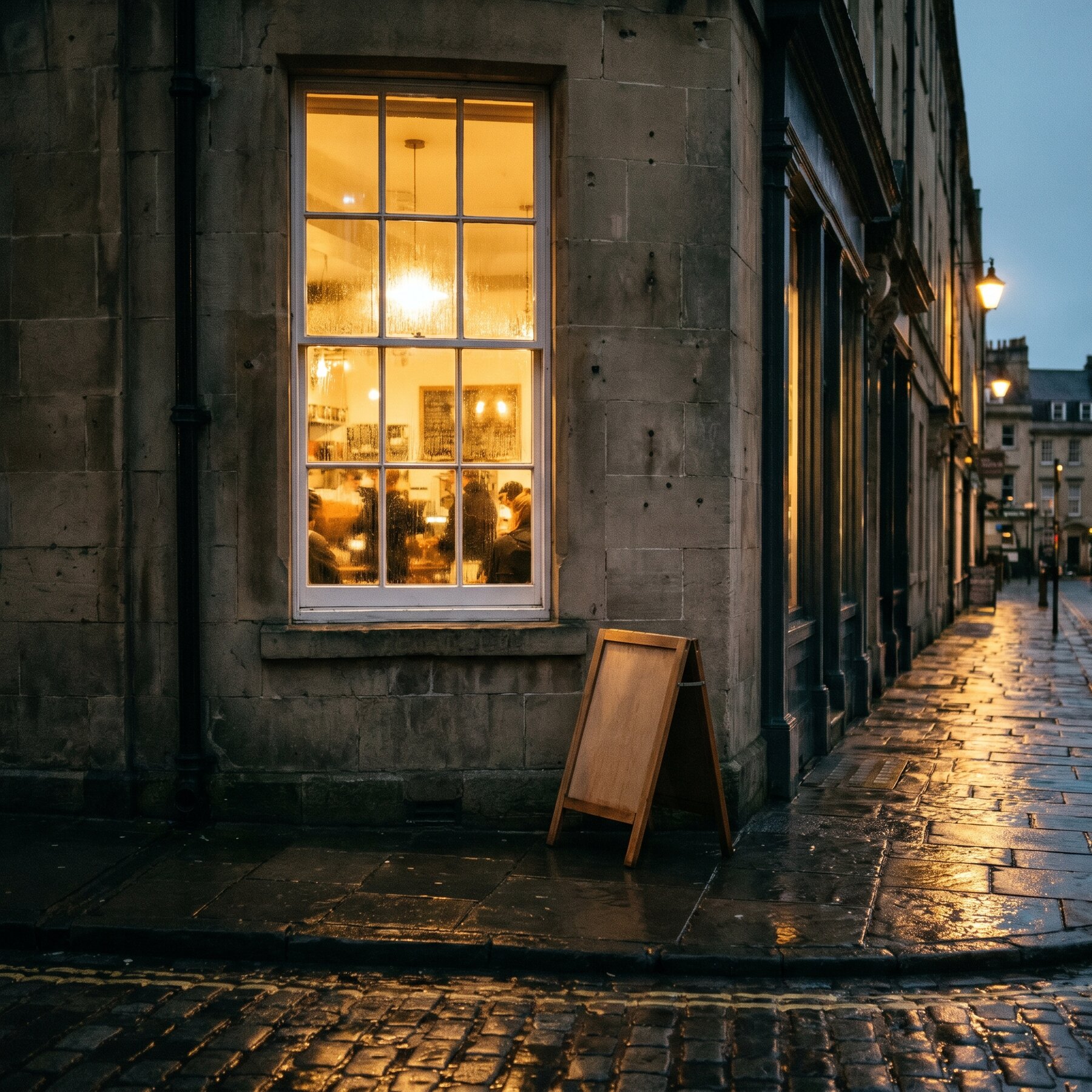 Cafe exterior at night