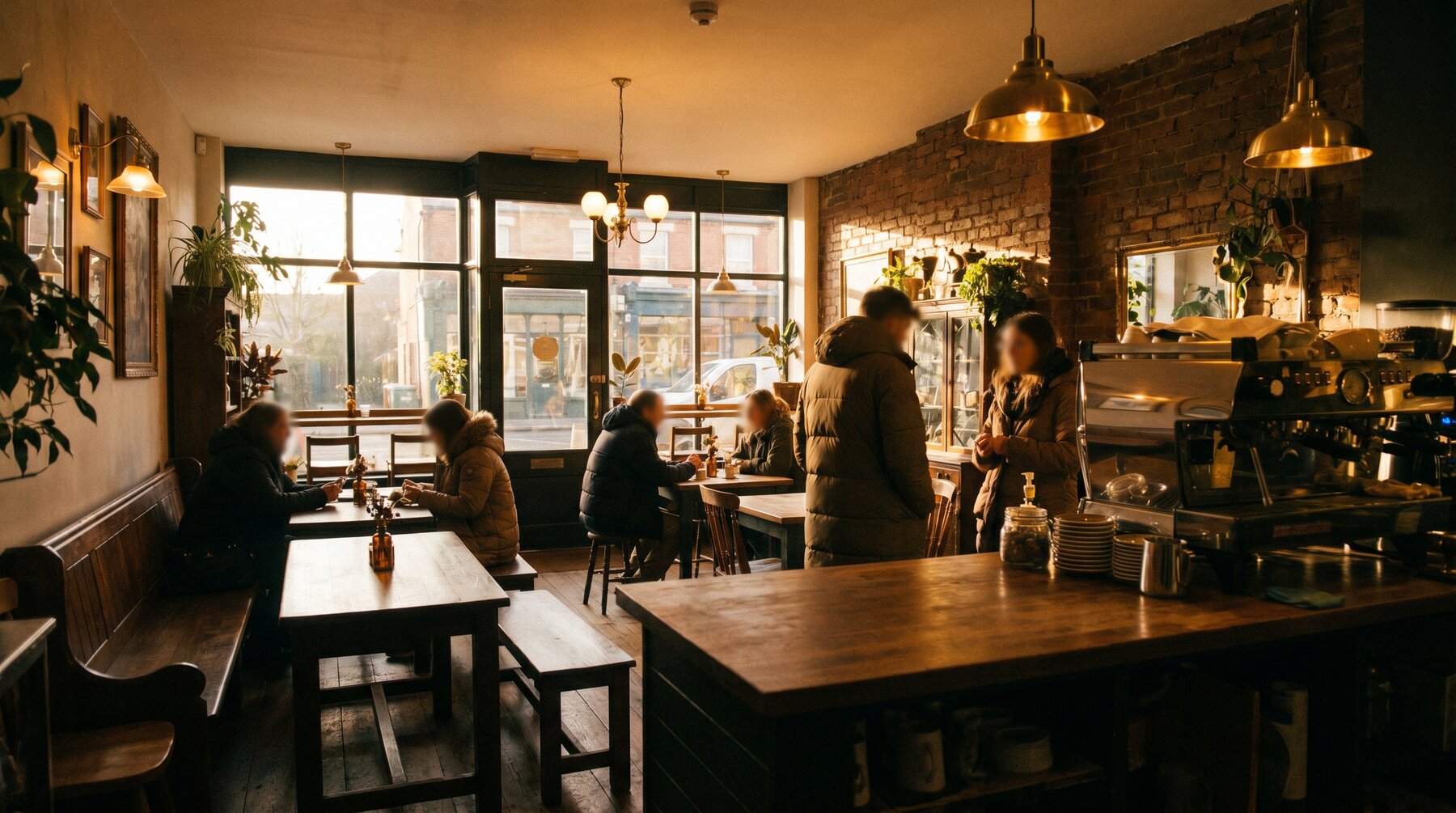 Cafe interior bustling with customers