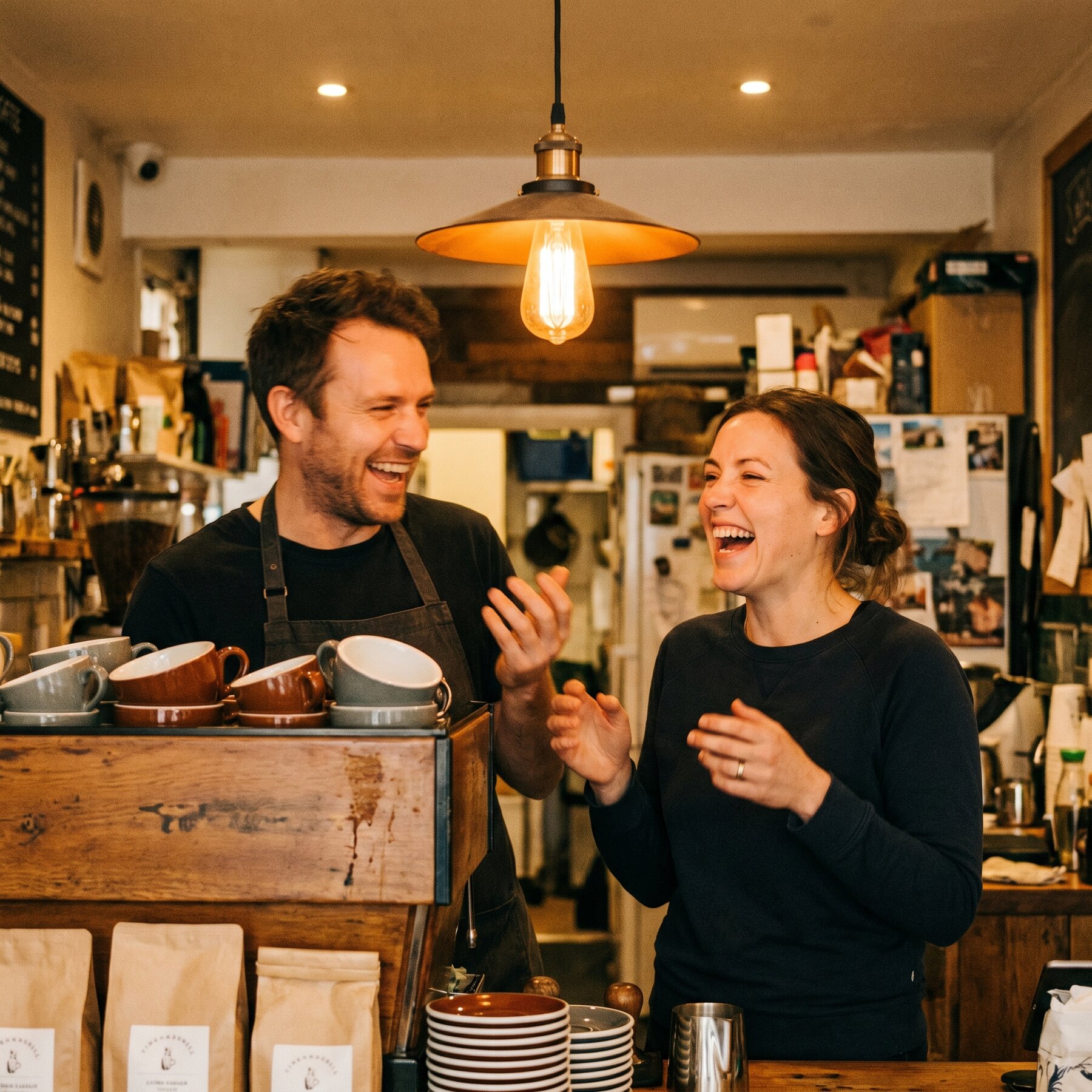 Cafe staff working and smiling