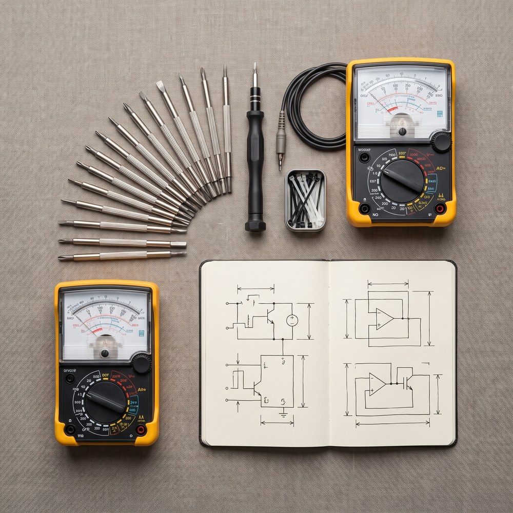 Toolkit flatlay: screwdrivers, multimeter, oscilloscope probe and notes
